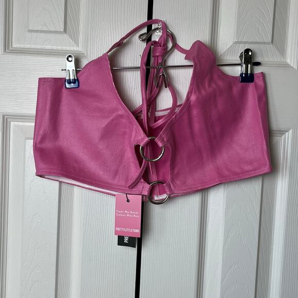 Pretty Little Thing Pink Ring Detail Coated Denim Tie Neck Bralette 10 - Picture 1 of 8